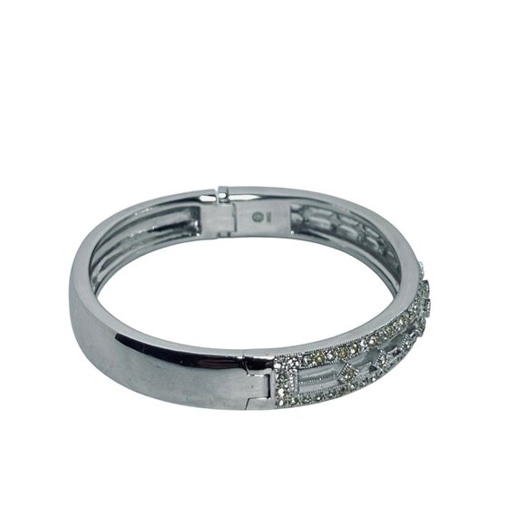 Nadri Silver Tone And Clear Crystal Hinged Bangle Bracelet (5946) - Picture 4 of 7